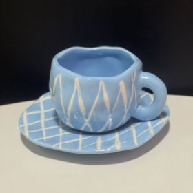 Hand-painted White Clouds Coffee Set Hand-pinching Irregular (Option: Blue Rhombus-250ml)